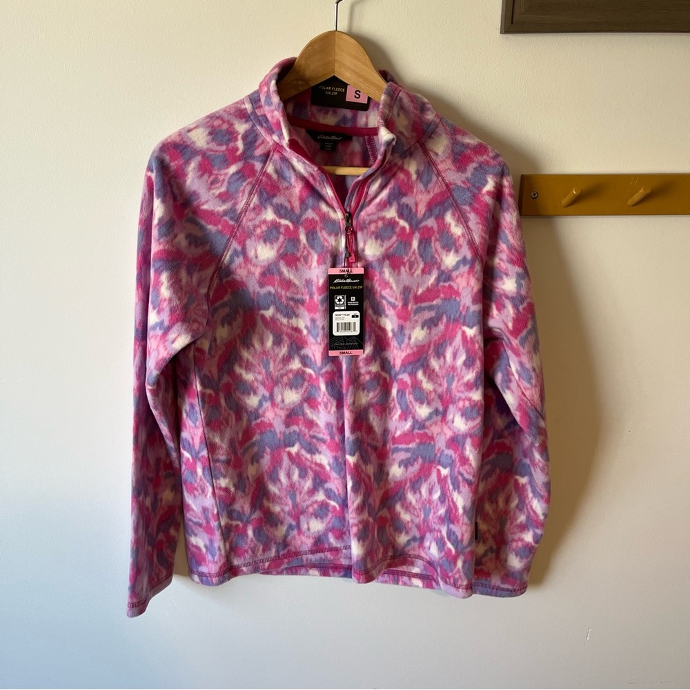 Eddie Bauer Pink and Purple Patterned Fleece Pullover, quarter zip, size small